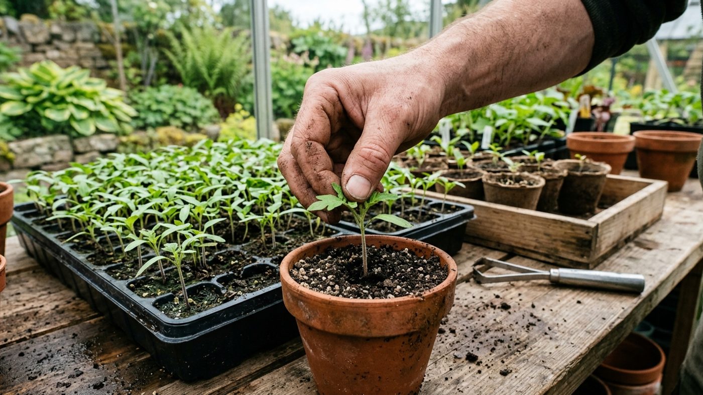 A pair of hands gently pricking out a small seedling into a fresh pot of compost