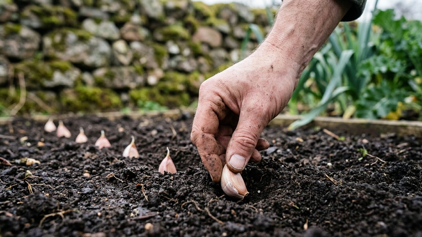 A hand pushing a garlic clove pointed end up into the soil so the tip sits just below the surface