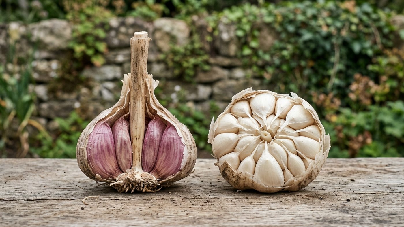 A hardneck garlic bulb with fewer large cloves around a central woody stem, next to a softneck bulb with many smaller cloves and no central stem