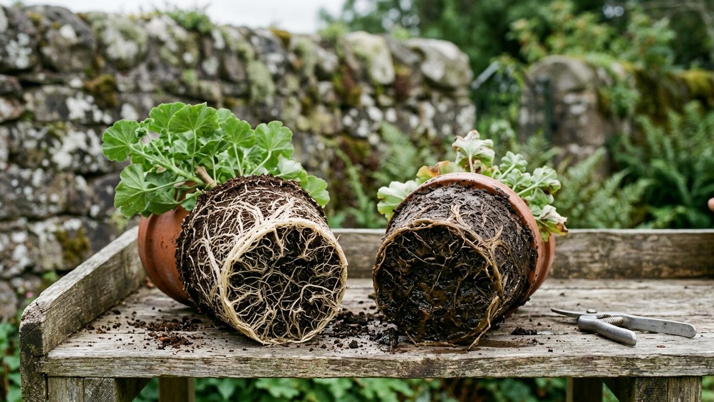 Pale, firm, healthy plant roots next to dark, soft, waterlogged roots tipped out of two separate containers
