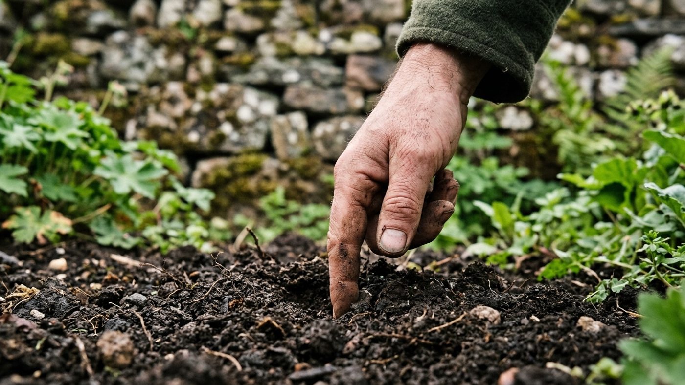 A finger pushed into garden soil up to the first knuckle, checking moisture depth before watering