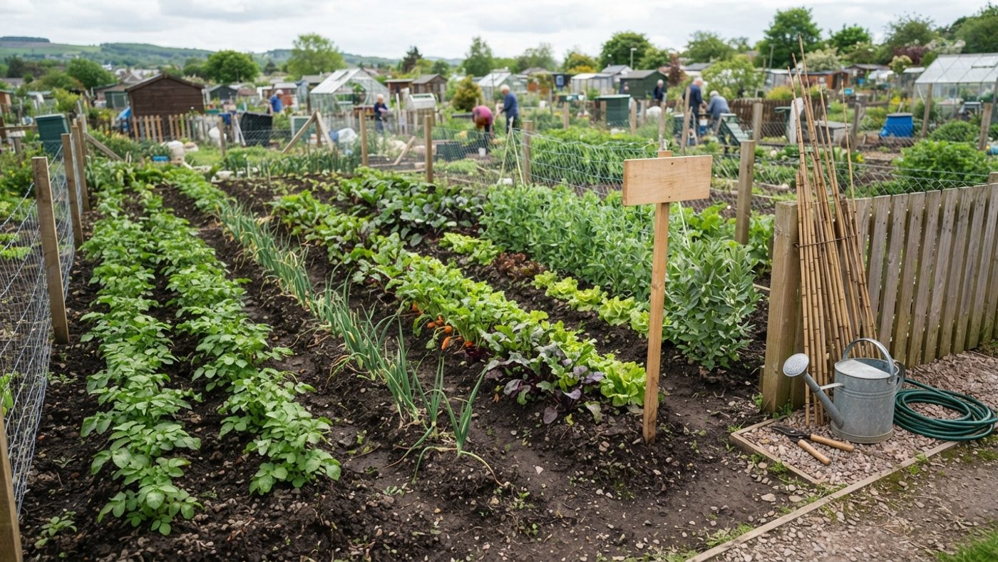 An allotment plot a season into cultivation with tidy rows of healthy young vegetables and no bare neglected ground