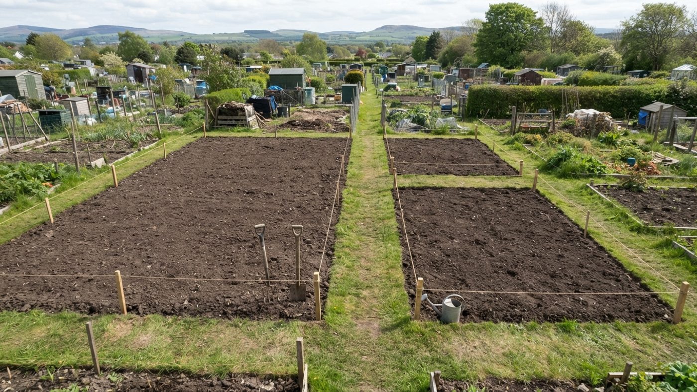 A full-size allotment plot marked out with string and pegs next to a smaller half-size plot marked out the same way