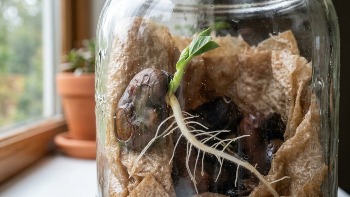 A bean seed germinating against the glass of a jar lined with damp paper towel