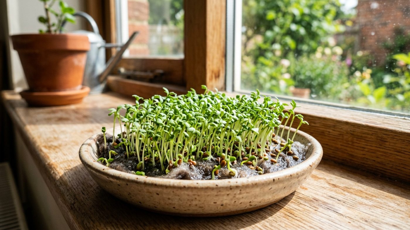 Cress seeds sprouting on damp cotton wool on a sunny windowsill