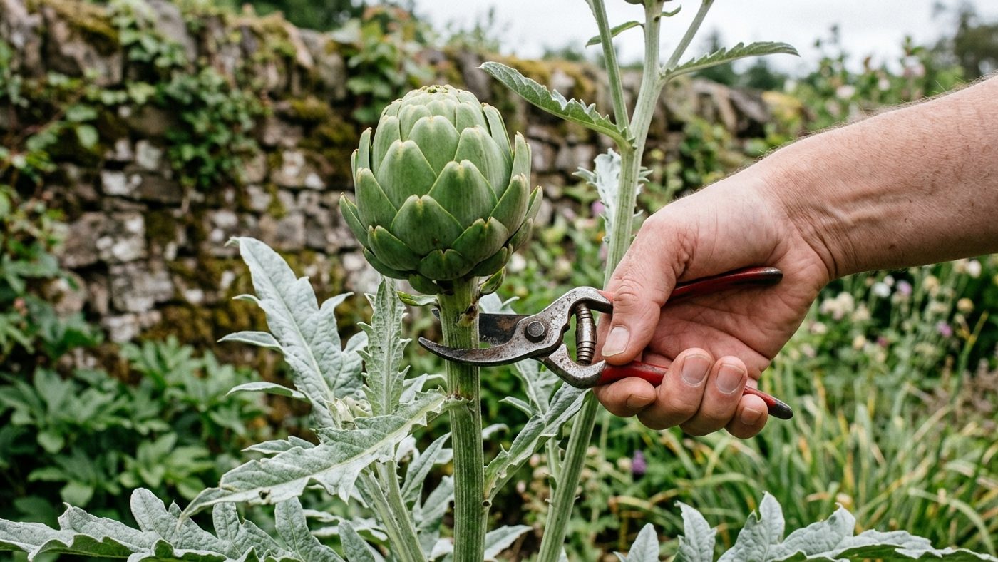 A bare hand using secateurs to cut a large tightly-closed green globe artichoke bud just above a leaf joint