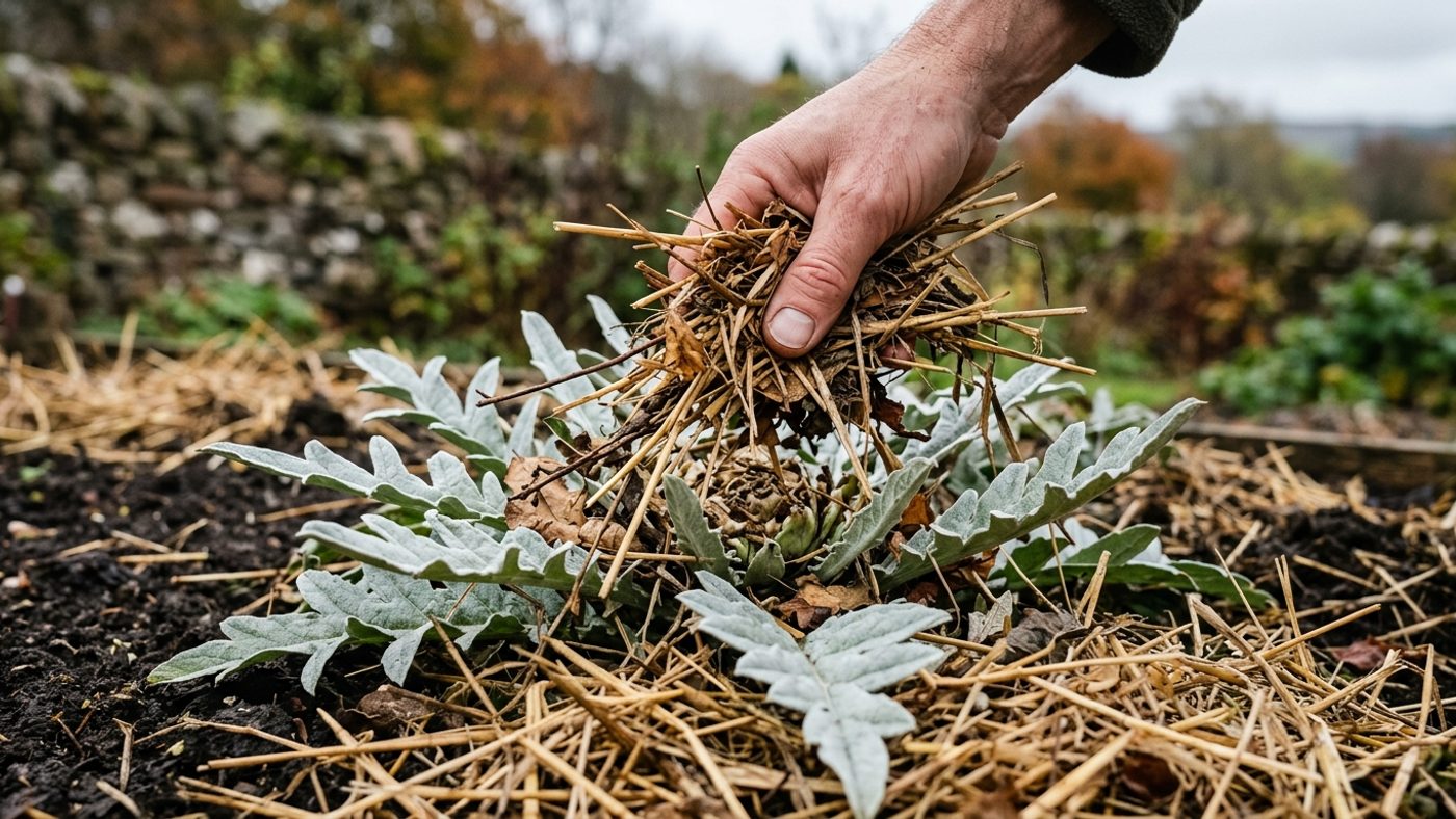 A bare hand spreading a thick layer of straw mulch over the crown of a globe artichoke plant in late autumn