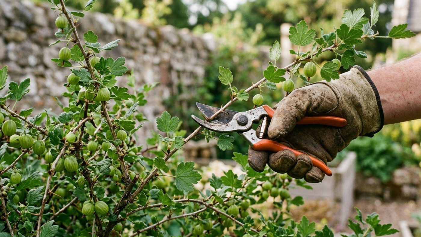 Secateurs cutting a gooseberry side-shoot back to about five leaves in summer pruning