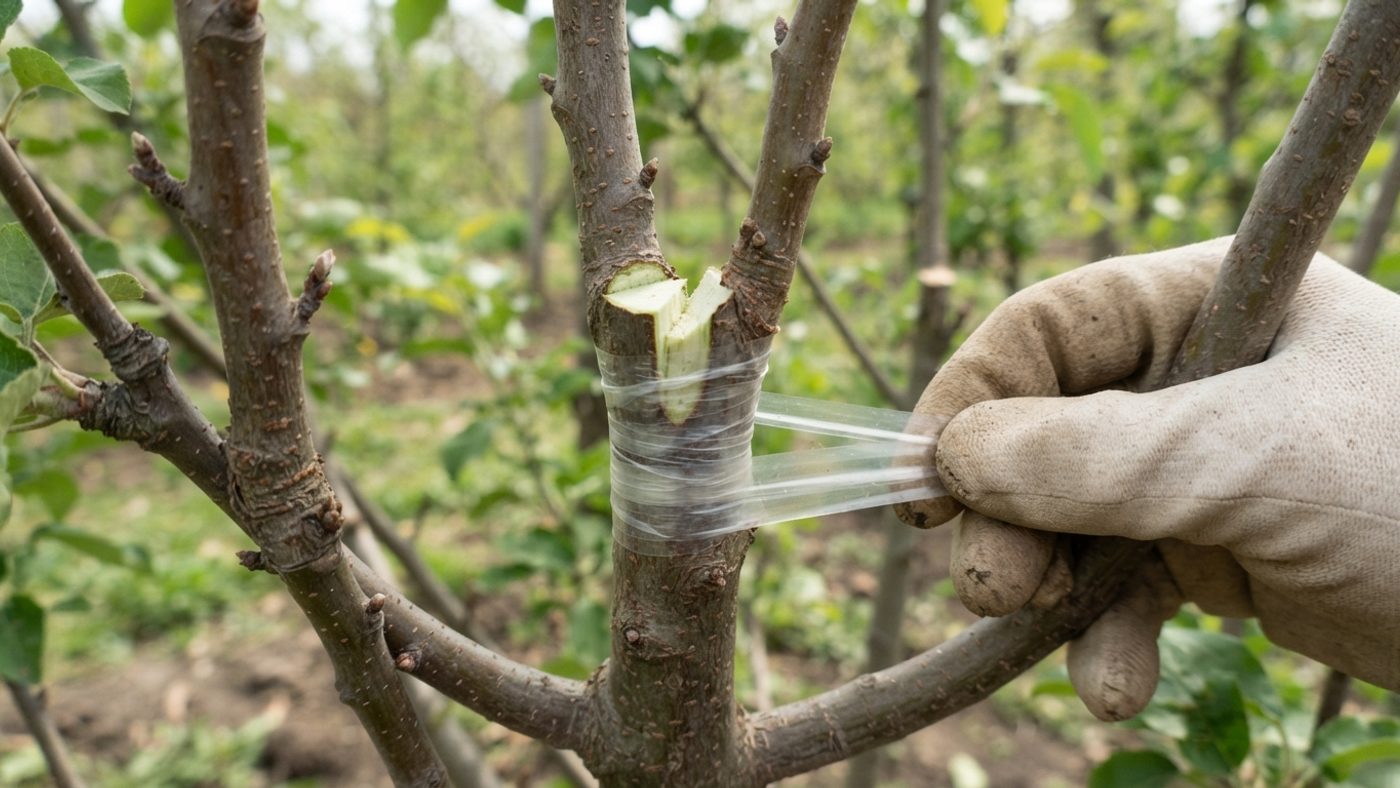 A freshly made graft union being bound tightly with grafting tape