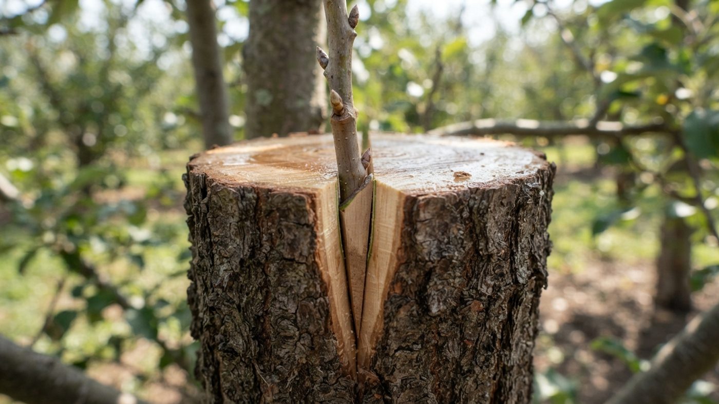 A cleft graft with a wedge-shaped scion inserted into a split cut on an established tree trunk