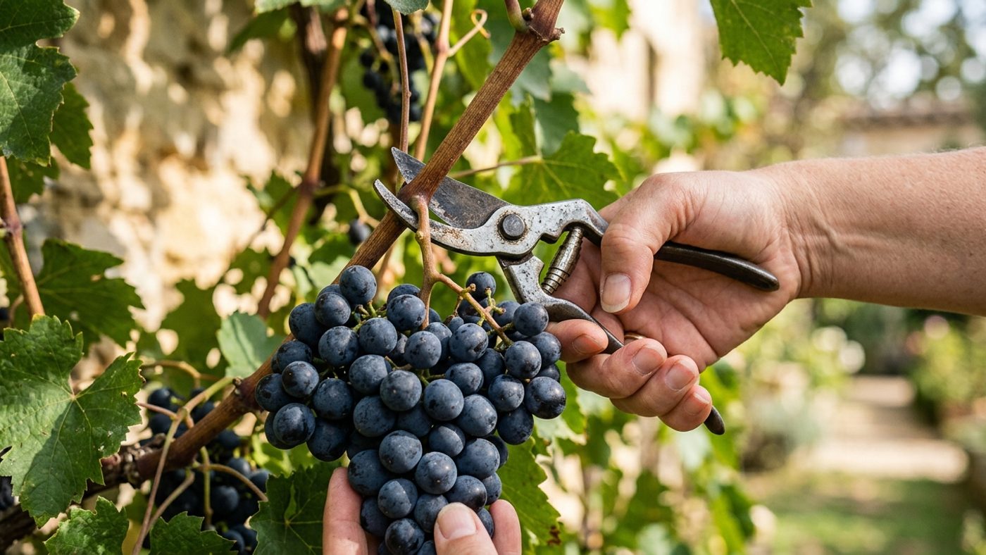 A bare hand using secateurs to cut a ripe bunch of dark blue-black grapes from the vine, its stalk still attached