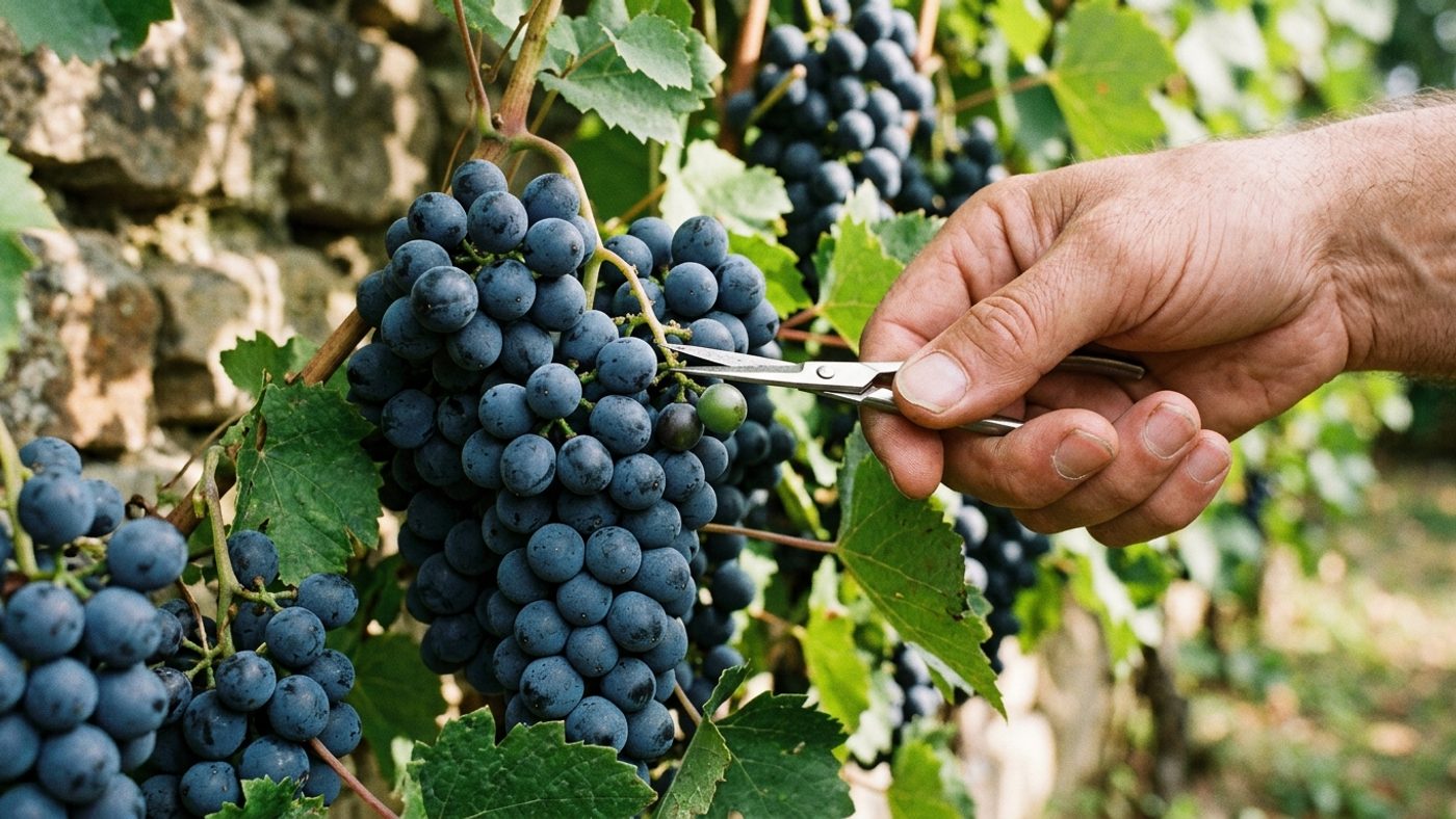 A bare hand using small scissors to thin a dense bunch of dark blue-black grapes on the vine