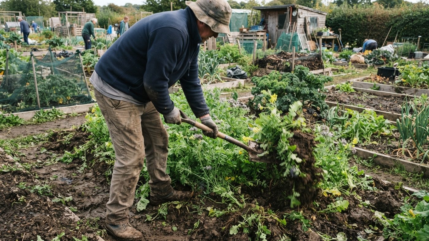 A gardener digging a green manure crop into the soil with a spade