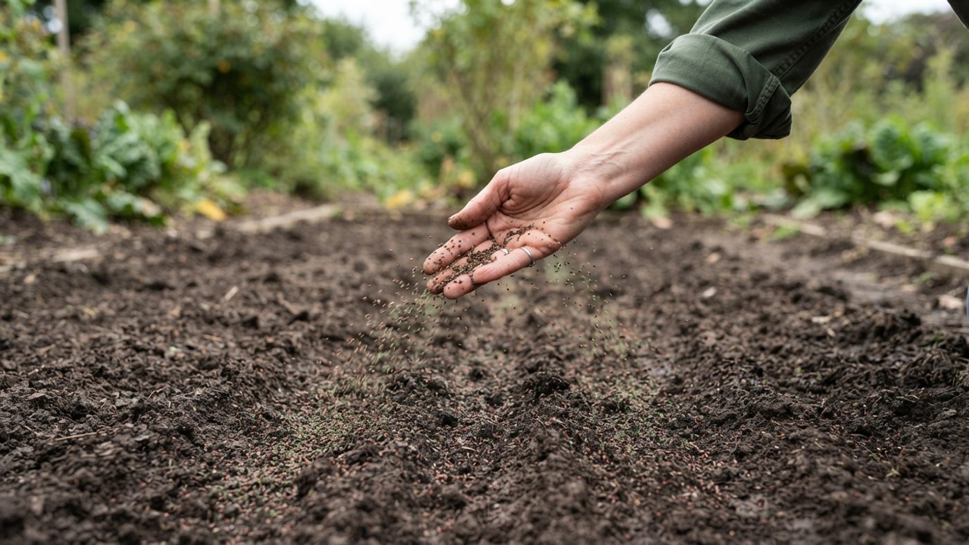 A hand broadcasting green manure seed thinly over raked bare soil