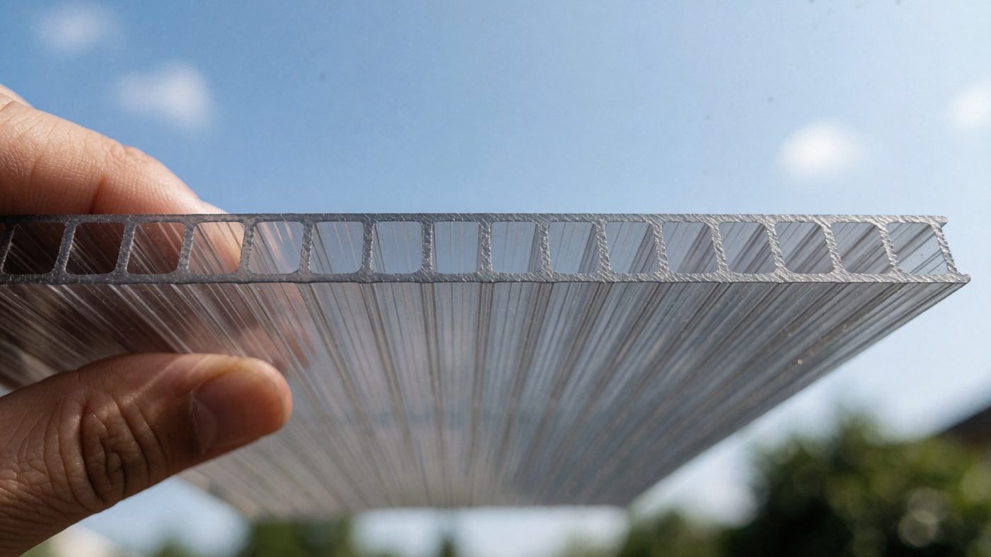 A cut edge of twin-wall polycarbonate sheet held up to daylight, showing the ribbed internal channel structure