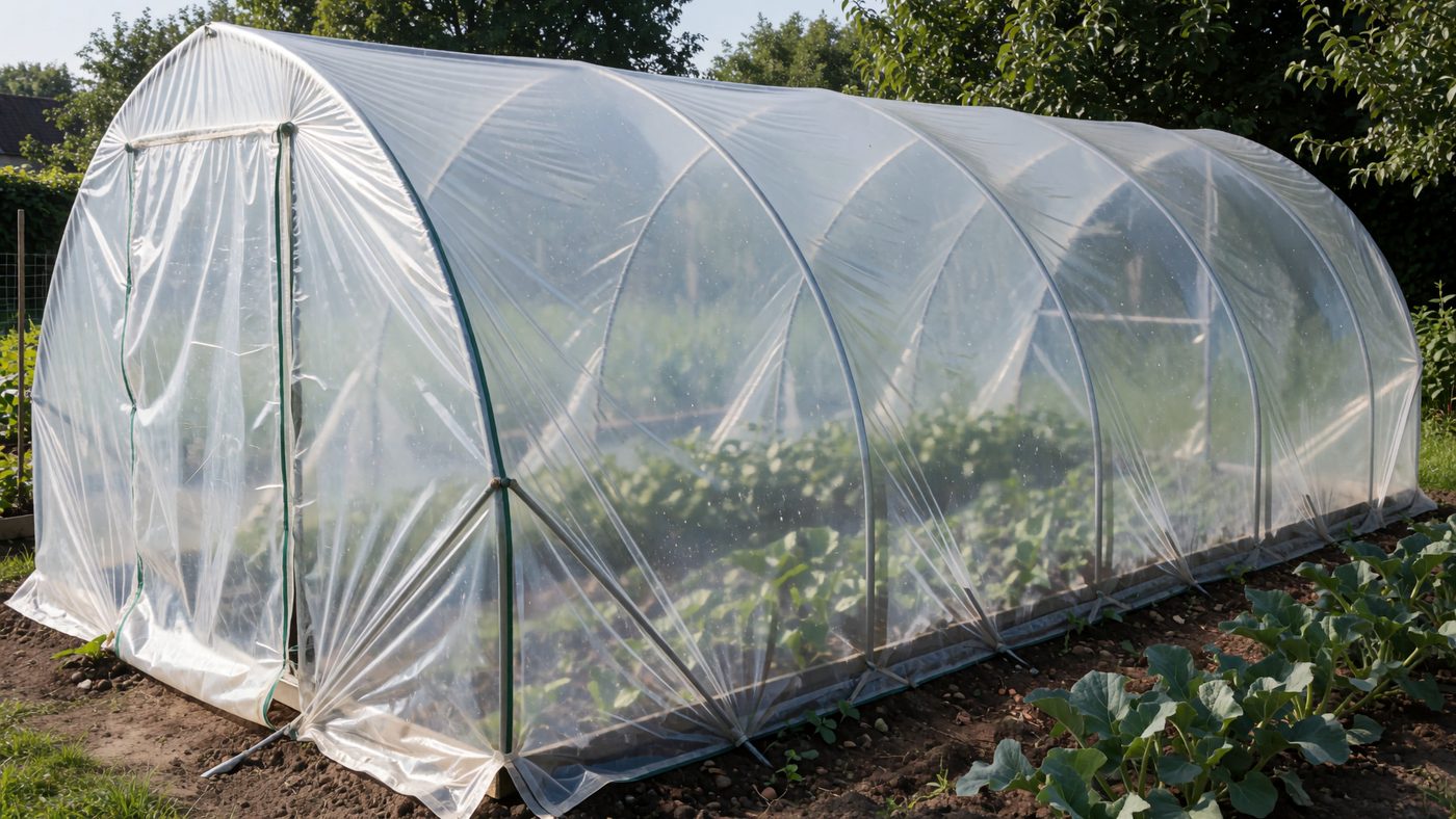 A polytunnel with clear polythene film stretched tightly over a hooped steel frame