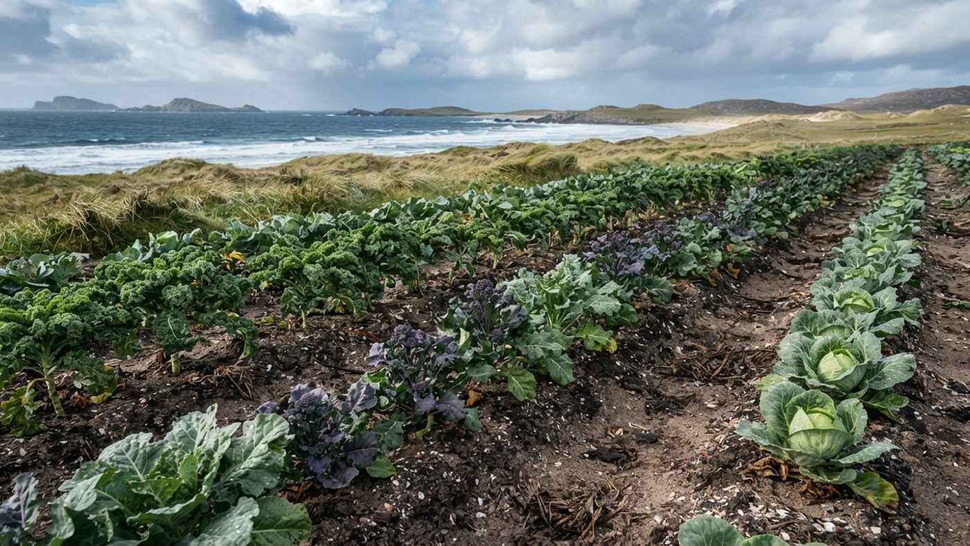 Brassica crops growing in cultivated ground on windswept machair
