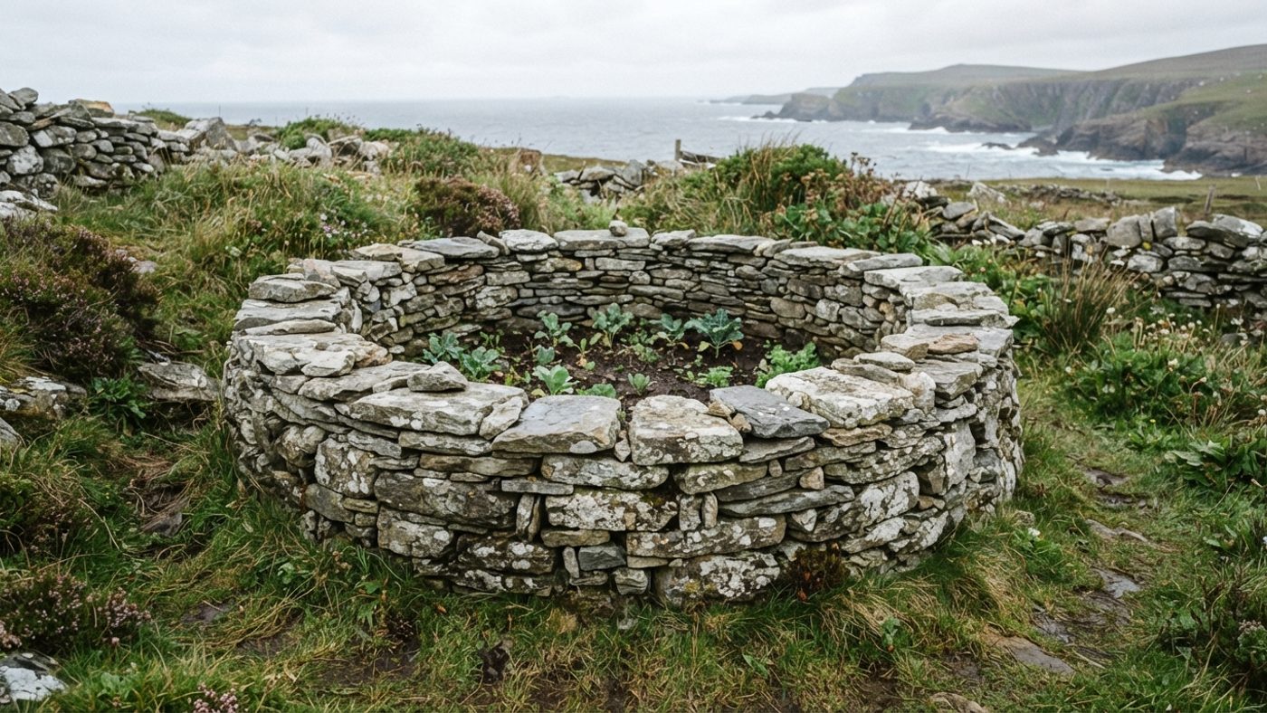 A small circular stone plantie crub used to shelter seedlings in Shetland