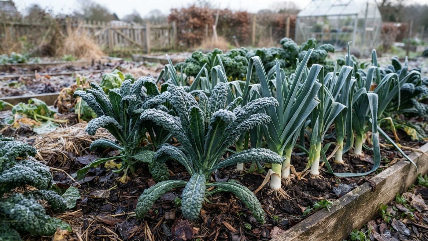 Hardy kale and leeks growing outdoors in low winter light