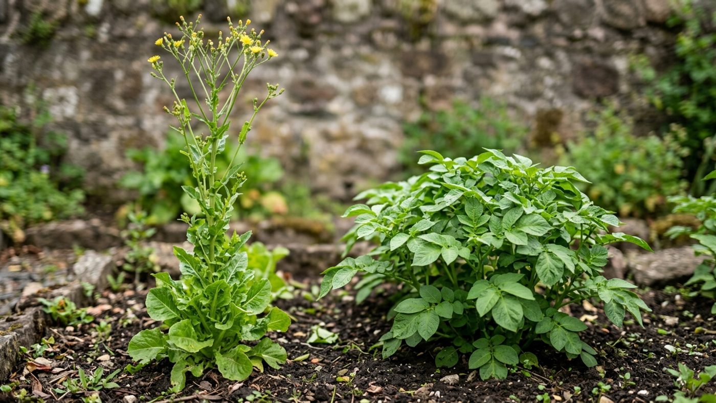 A lettuce bolted with a tall flowering stem next to a healthy potato plant unaffected by day length