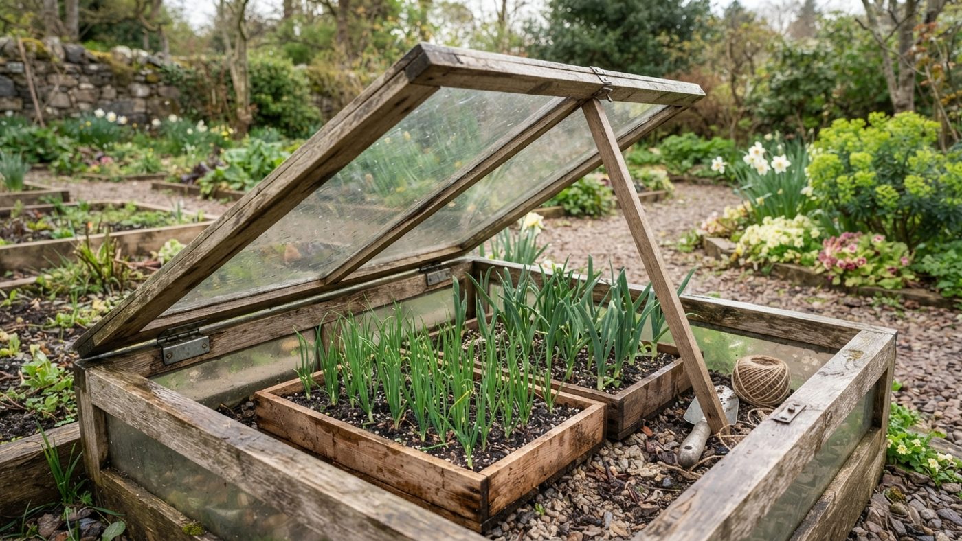 Young onion and leek seedlings kept under a cold frame with the lid propped for ventilation, protected from a spring cold snap
