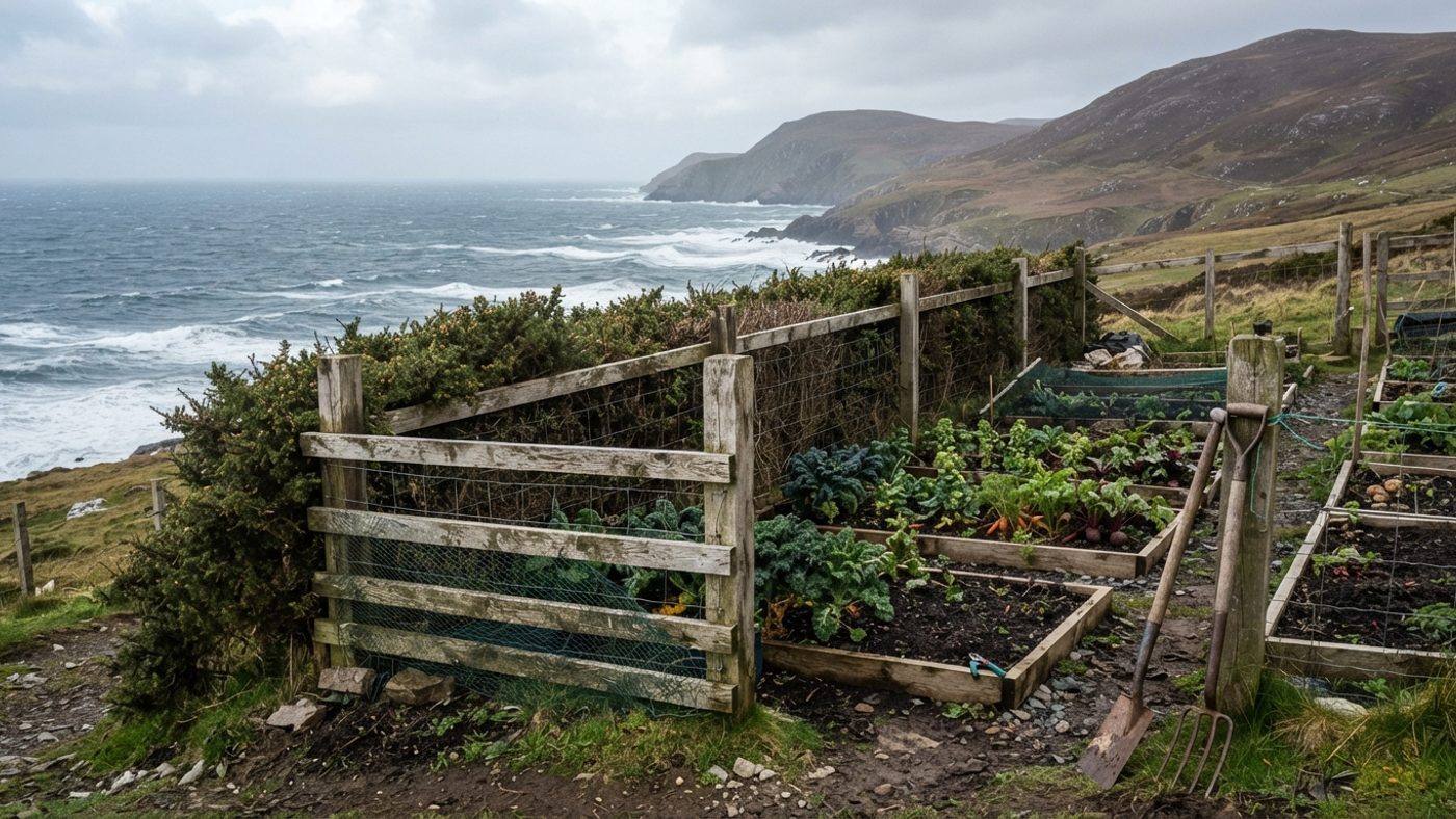 A wind-exposed coastal garden with a windbreak fence sheltering low vegetable beds, sea visible beyond