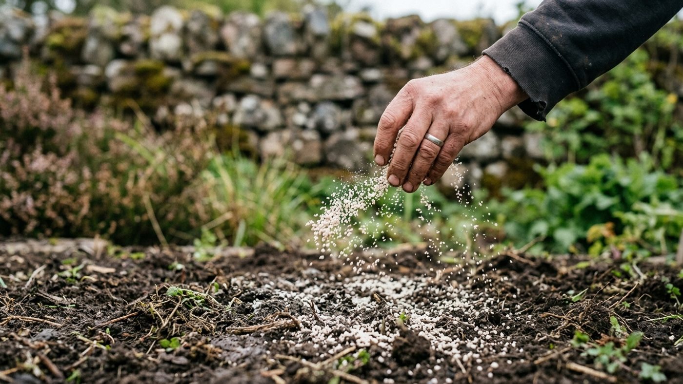 A hand scattering pale granular gypsum evenly across the surface of garden soil