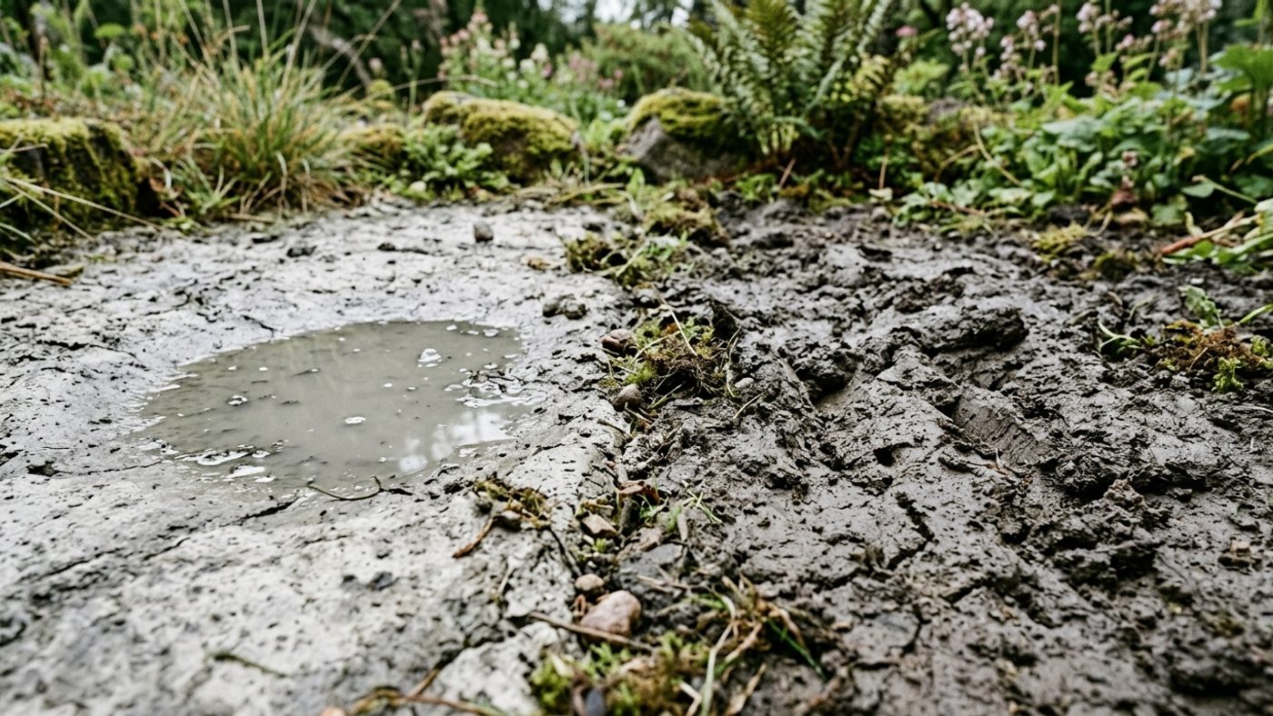 A sealed, crusted soil surface with water pooling on top next to ordinary sticky, cracked clay soil with no surface crust
