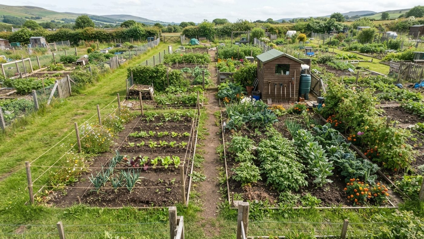 A half-size allotment plot marked out with string and pegs next to a full-size plot