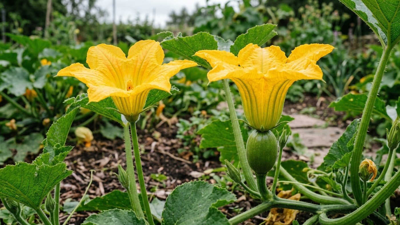 A male squash flower with a plain thin stem next to a female squash flower with a swollen immature fruit at its base
