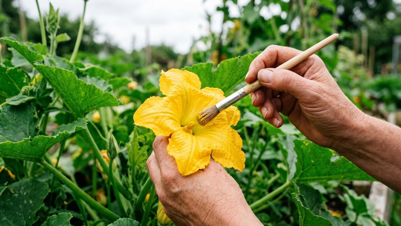 A hand using a small soft paintbrush to transfer pollen into the centre of a squash flower