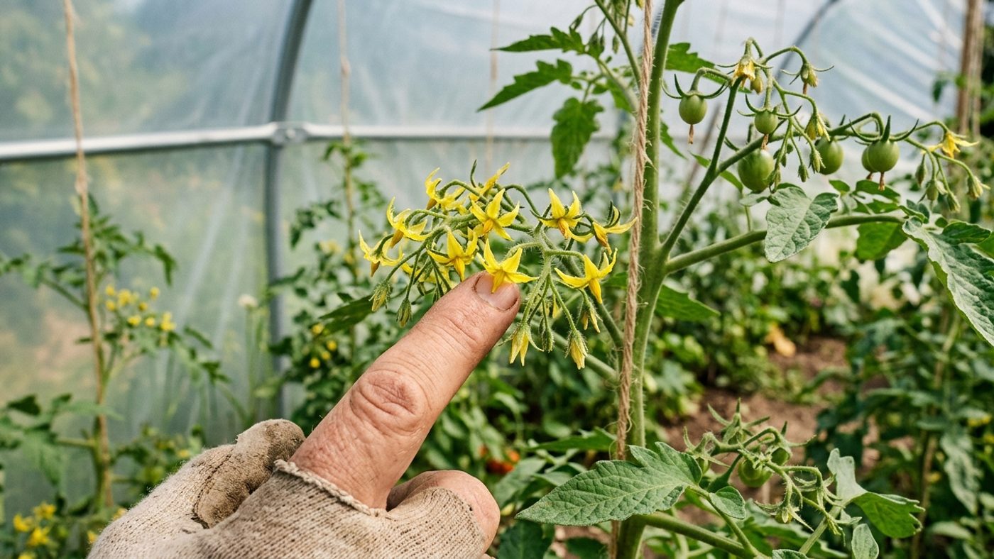 A finger gently tapping a tomato flower truss to release pollen