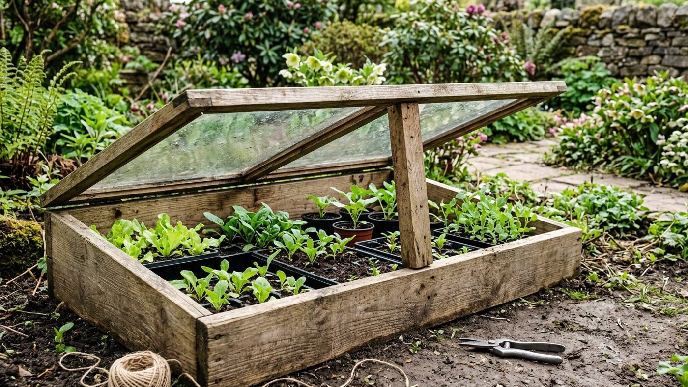 A cold frame with its glass lid propped open a crack, trays of seedlings inside acclimatising to outdoor air