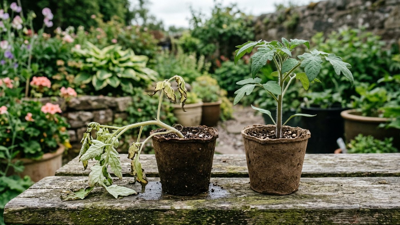 A collapsed, scorched seedling with crisped leaf edges next to a sturdy, upright, properly hardened-off seedling