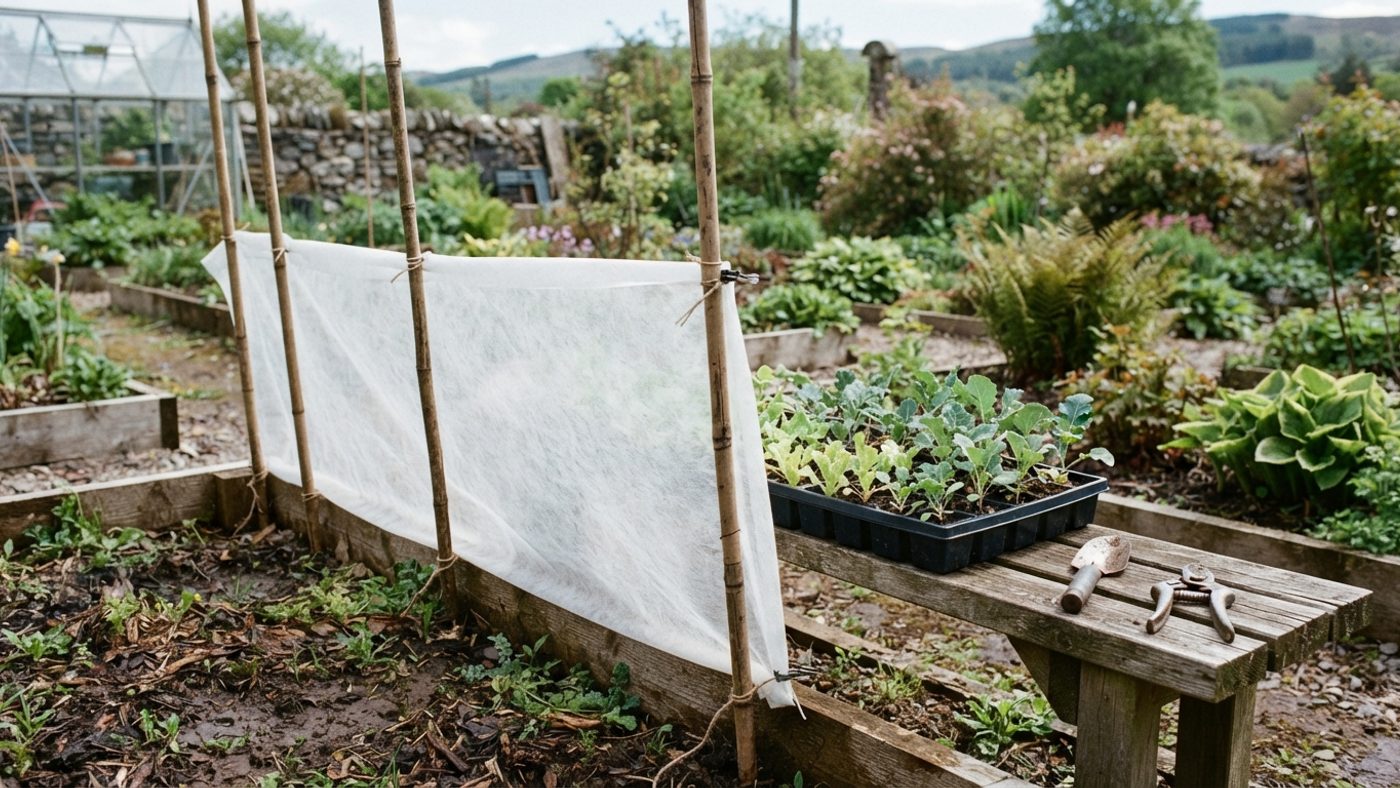 A row of canes with fleece stretched between them acting as a windbreak for a tray of hardening-off seedlings