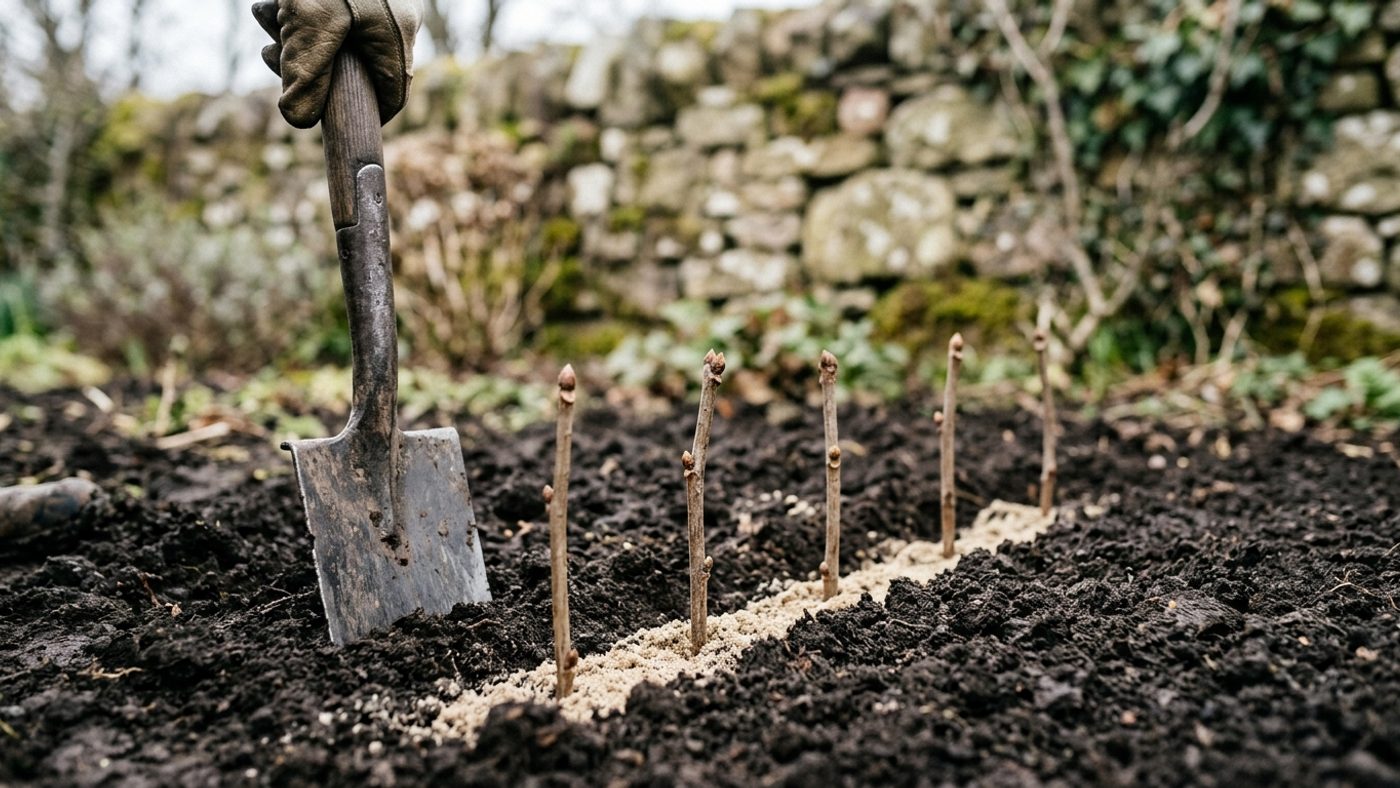 A spade having opened a narrow slit in garden soil with a line of pale coarse sand in the base and several hardwood cuttings already inserted