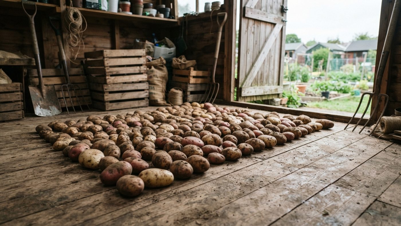 Freshly lifted potatoes spread out in a single layer on a shed floor to cure and dry