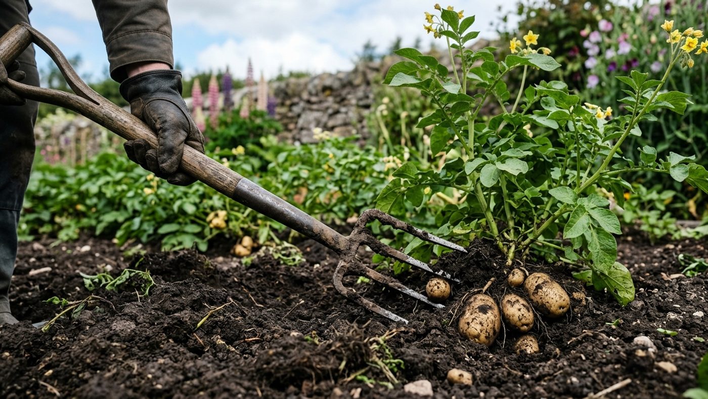 A garden fork pushed into the soil well clear of a potato plant stem, angled to lift tubers from underneath