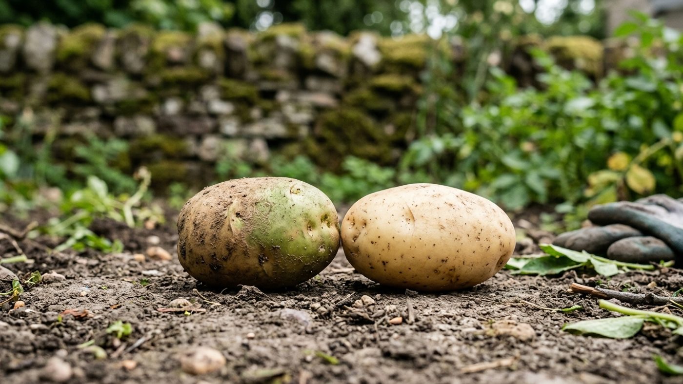 A potato tuber with a green-tinged patch of skin from light exposure next to a healthy pale unblemished tuber