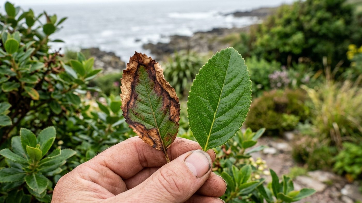 A hedge leaf with scorched, browned margins from salt spray next to a healthy green leaf from the same plant