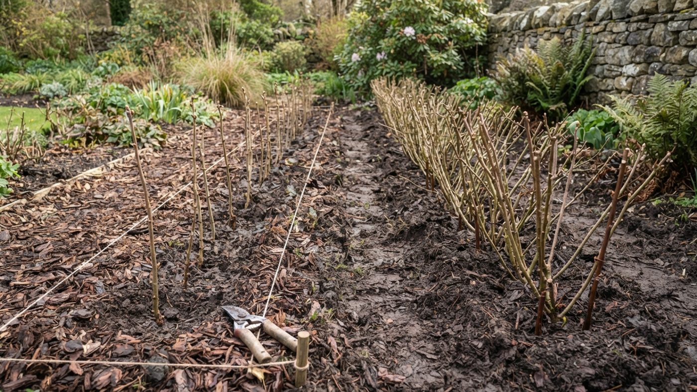A single row of newly planted hedge whips next to a denser double row planted in a staggered zig-zag pattern