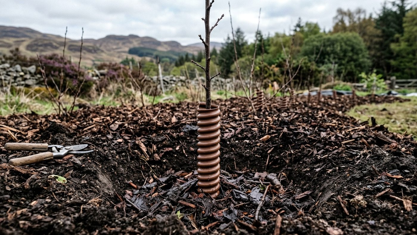 A young hedge whip freshly planted with a spiral guard around its base and mulch spread over the surrounding soil