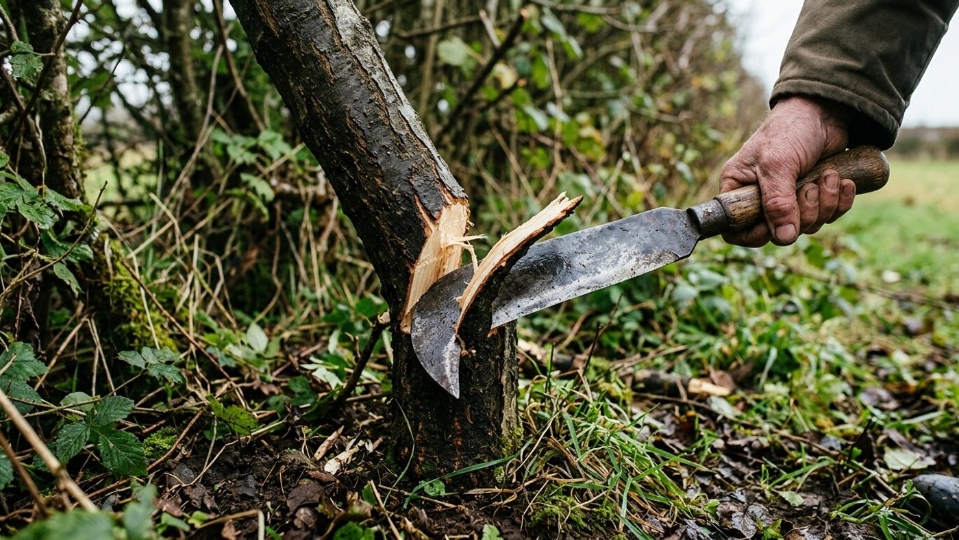A billhook cutting almost all the way through a hedge stem near the base, leaving a thin hinge of bark intact