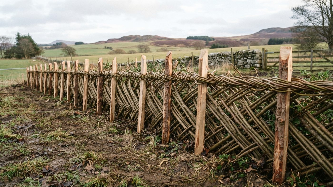 A line of hedge stakes with laid pleachers woven between them and binders twisted around the tops