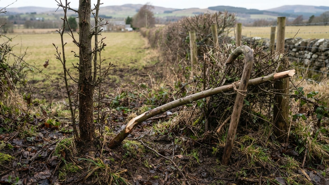 An unlaid hedge stem still growing upright next to a laid pleacher bent over at a shallow angle along the hedge line
