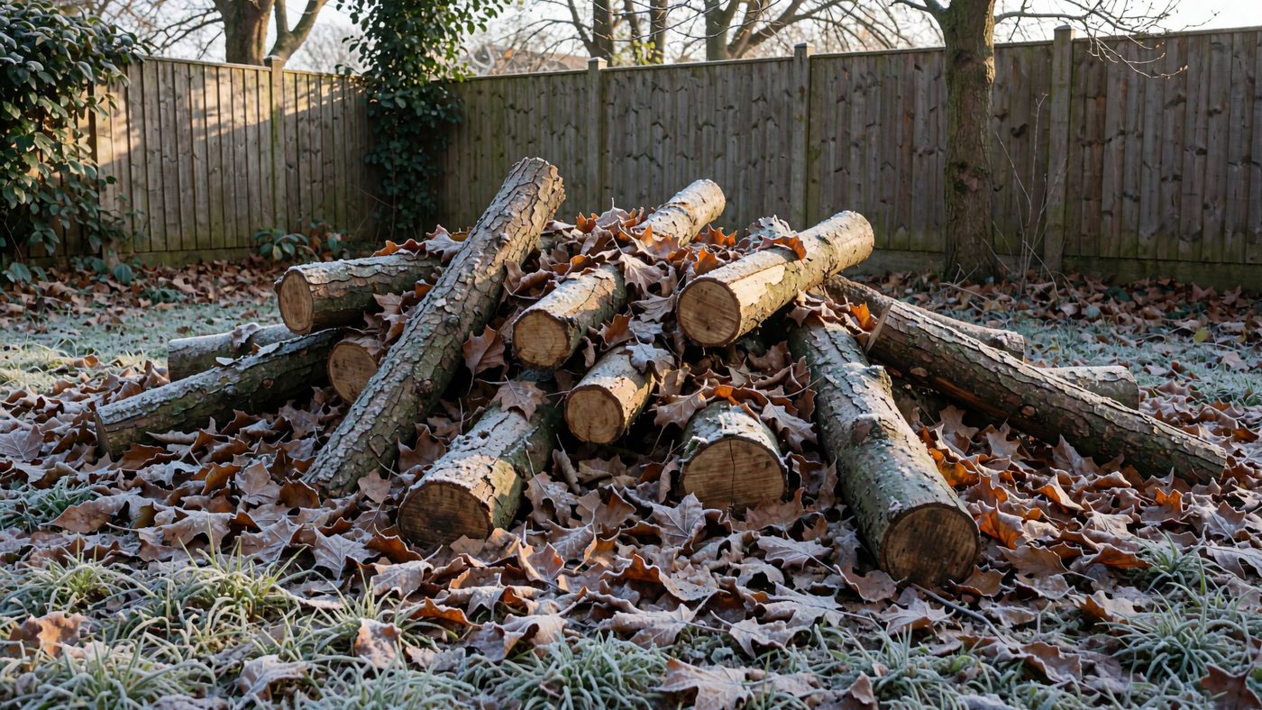 A loose pile of logs and fallen leaves in a quiet garden corner against a fence, dusted with frost