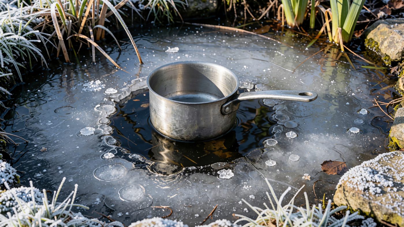 A plain metal saucepan sitting on frozen pond ice with a hole melted around it showing dark water beneath