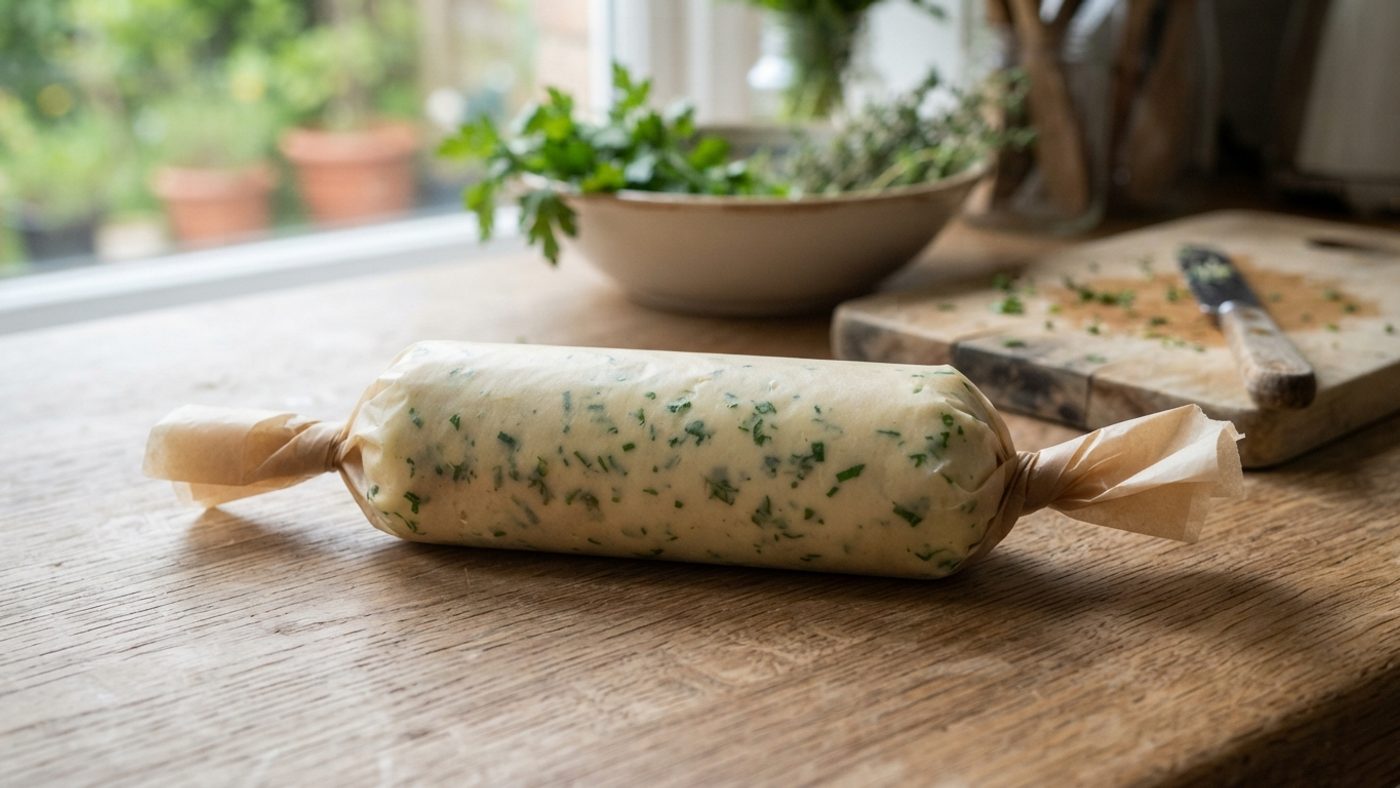 A log of herb butter wrapped in baking paper on a kitchen counter