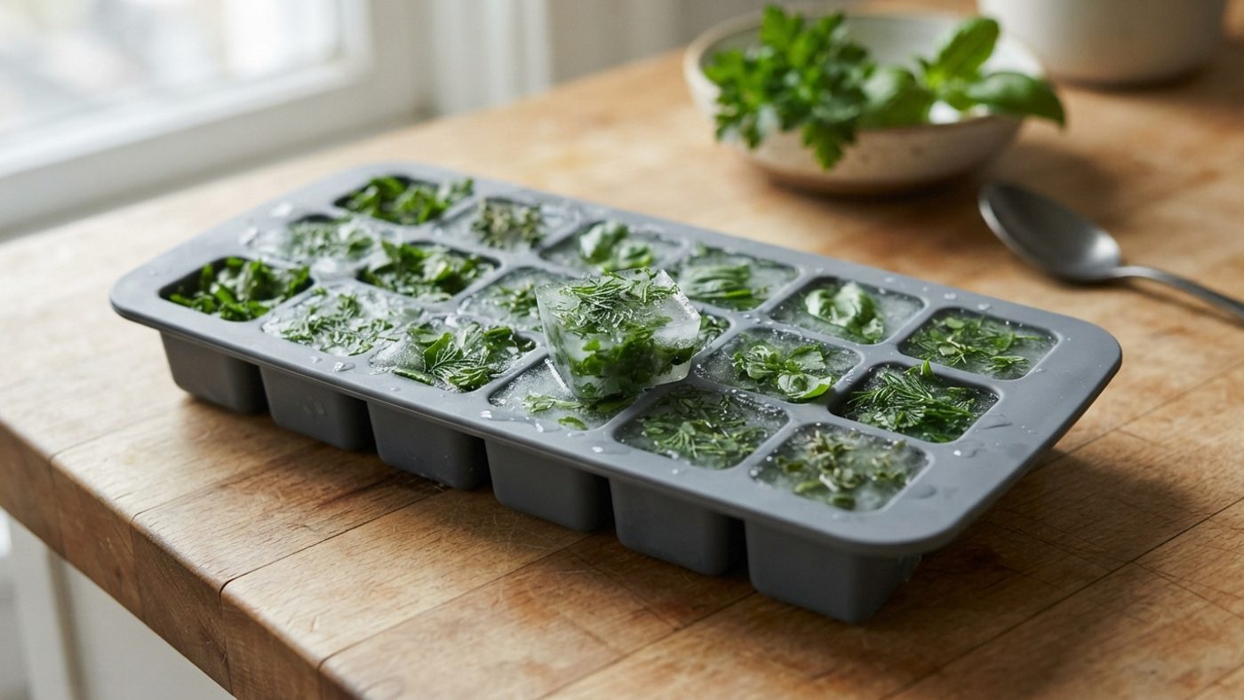An ice cube tray with chopped herbs frozen into each cube