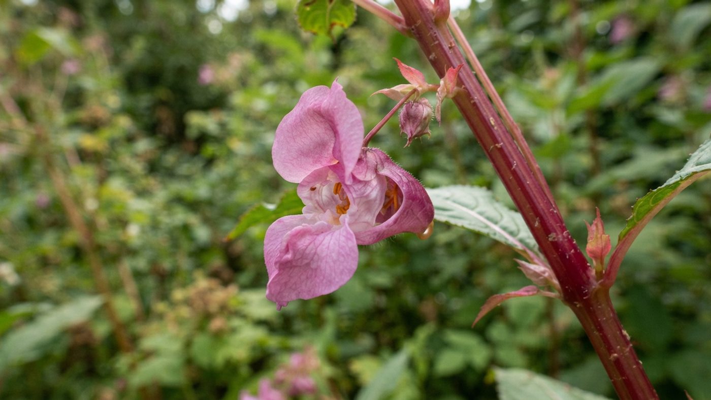 A close-up of a Himalayan balsam flower and its hollow reddish stem